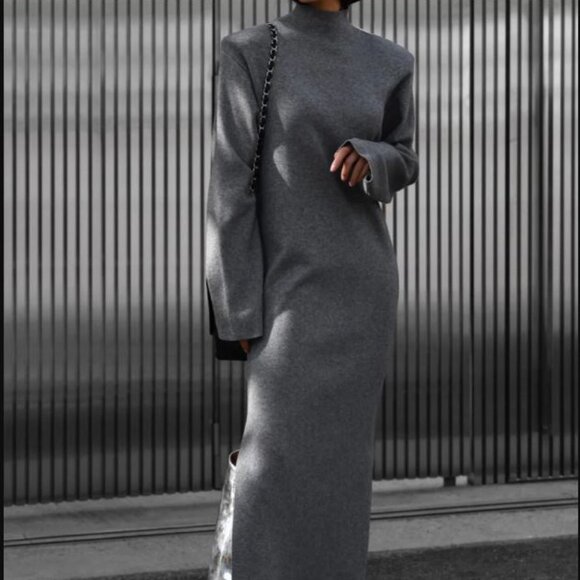 Marcela London Signature High Neck Wool Slit Dress Graphite One Size - Picture 1 of 7